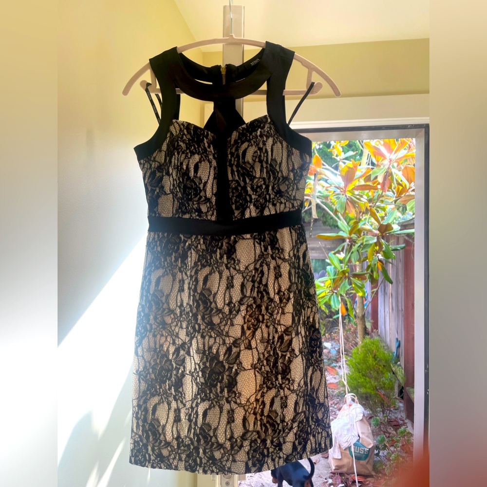 Black lace overlay cream cutout dress. NWT Macys XOXO sz 5/6